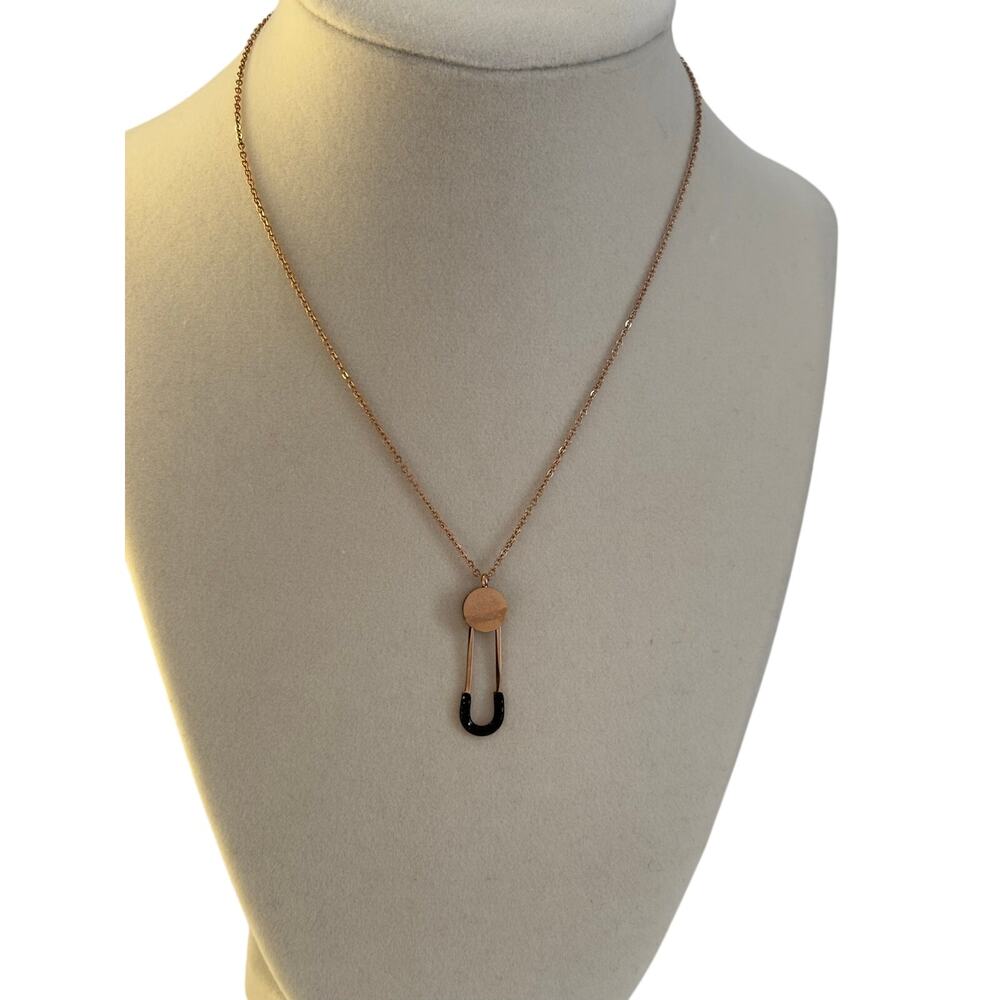 Rose Gold Safety Pin Pendant Necklace Black Crystal Minimalist Women Jewelry - Picture 5 of 6